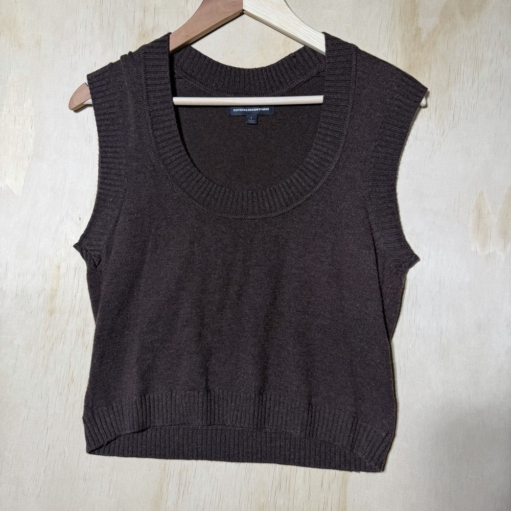 Express Design Studio Brown Sweater Vest Womens Large Wool Blend Knit Y2K Preppy